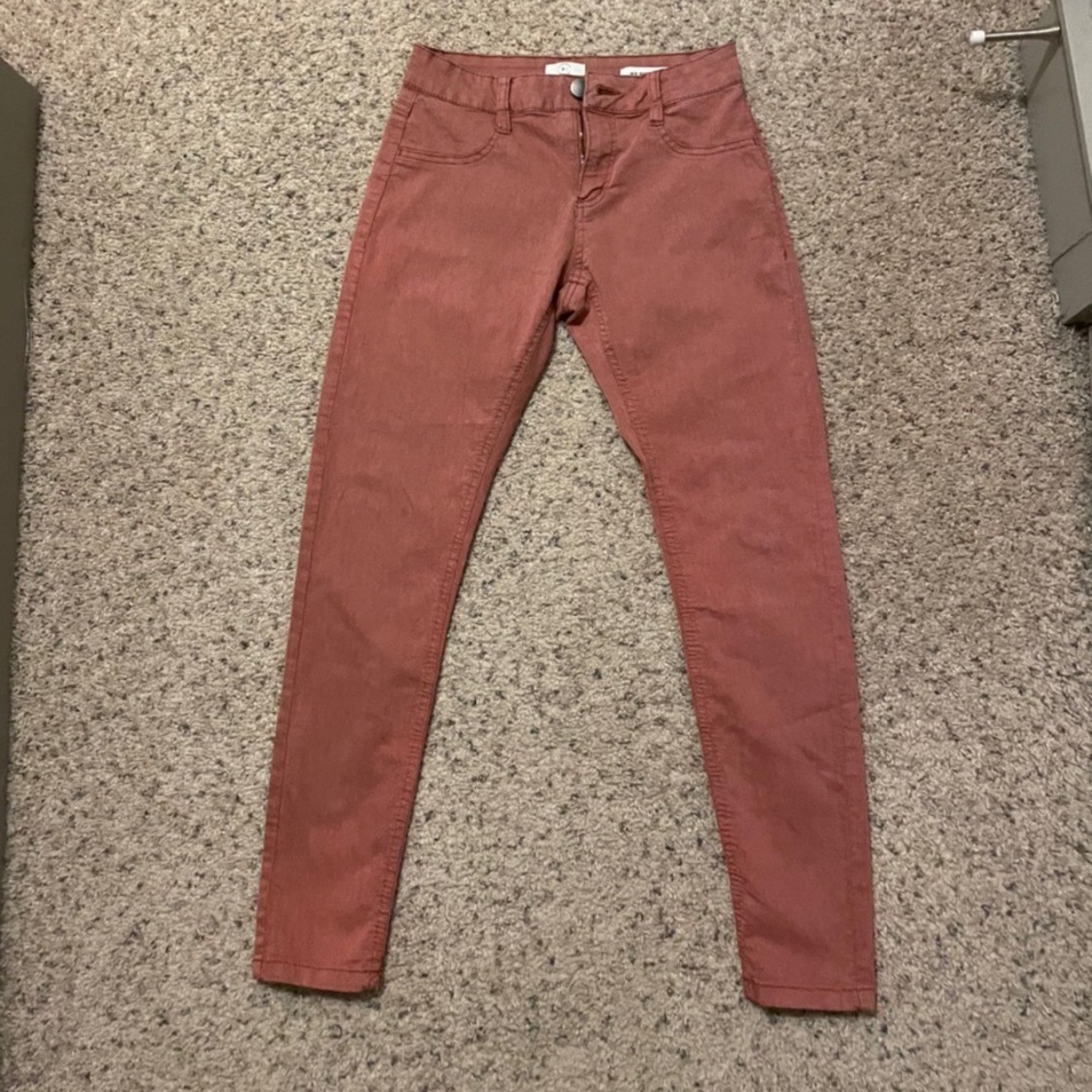 orange burgundy skinny jeans